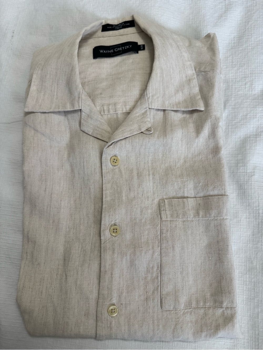 Wayne Gretzky Vintage Short-Sleeve Linen Button-Down Shirt in Light Cream Medium